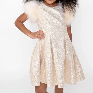 Halaboo Sparkling Gold Dress with Feather Sleeves